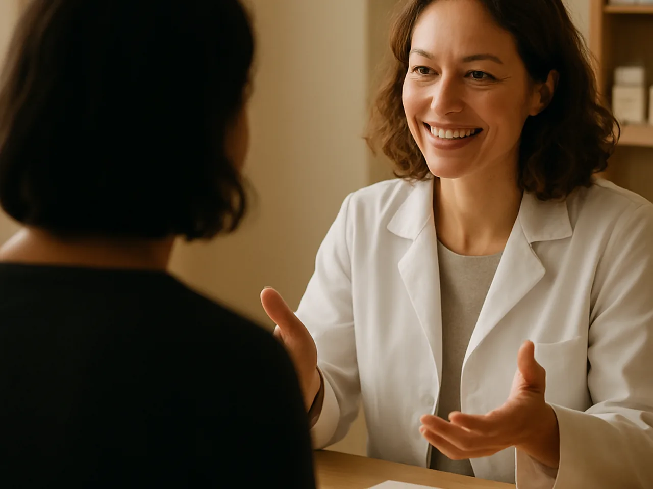 Pharmacienne en consultation avec un patient dans un espace privé