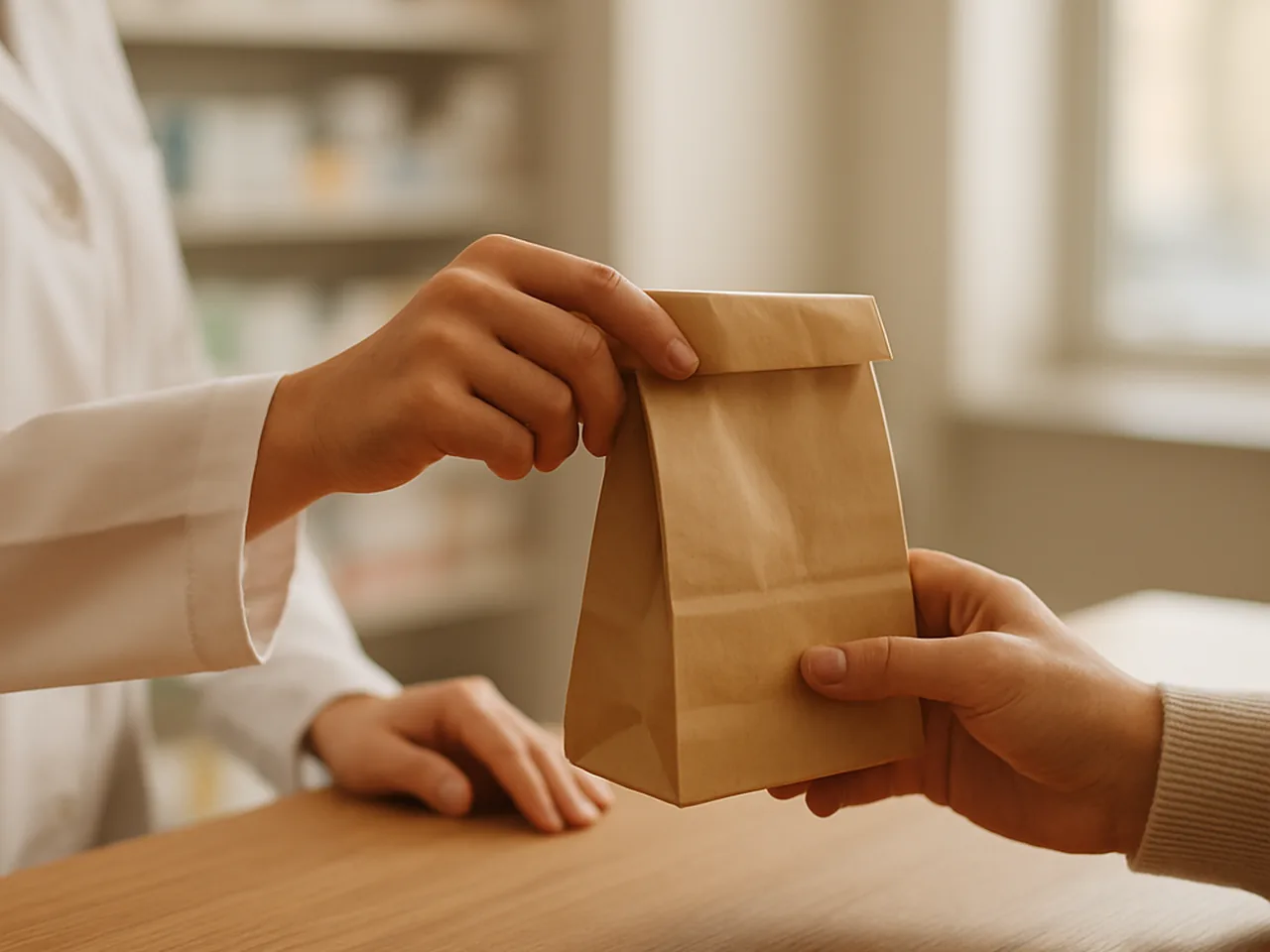 Comptoir de délivrance de la Pharmacie du Soleil, remise d'une ordonnance
